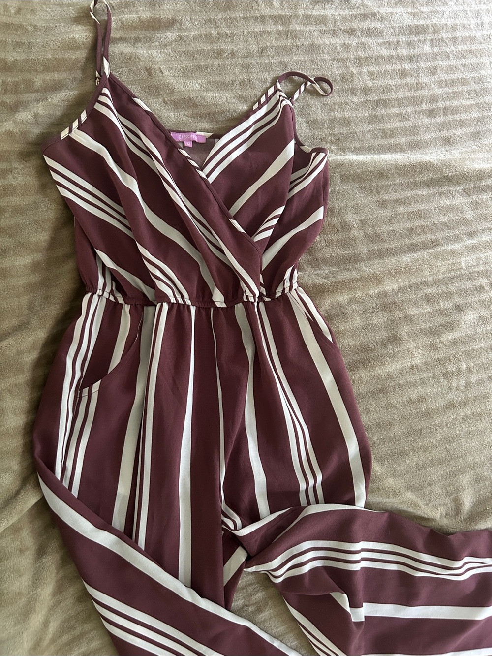 Ci Sono Maroon and White Striped Wrap Jumpsuit in very good condition.